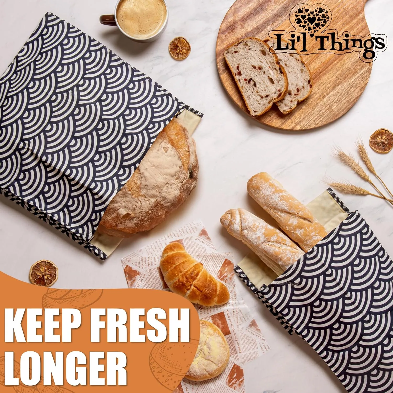 Li'l Things Eco-friendly Reusable Beeswax Bread bags | Improved Beeswax Coating | Set of 2 Sizes |13'x13' & 15’x 9’ | 6 Different Themes | Home Baked Store-Bought Bread | Japanese Seigaiha Waves