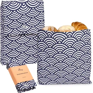Li'l Things Eco-friendly Reusable Beeswax Bread bags | Improved Beeswax Coating | Set of 2 Sizes |13'x13' & 15’x 9’ | 6 Different Themes | Home Baked Store-Bought Bread | Japanese Seigaiha Waves