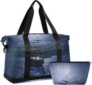 Lonely Sailboat in the Sea Against Full Moon Cloud Dark Blue Gym Duffel Bag, Polyester Travel Weekender Luggage Handbag with Waterproof Pocket for Wet Items, Unisex Foldable Tote for Sports