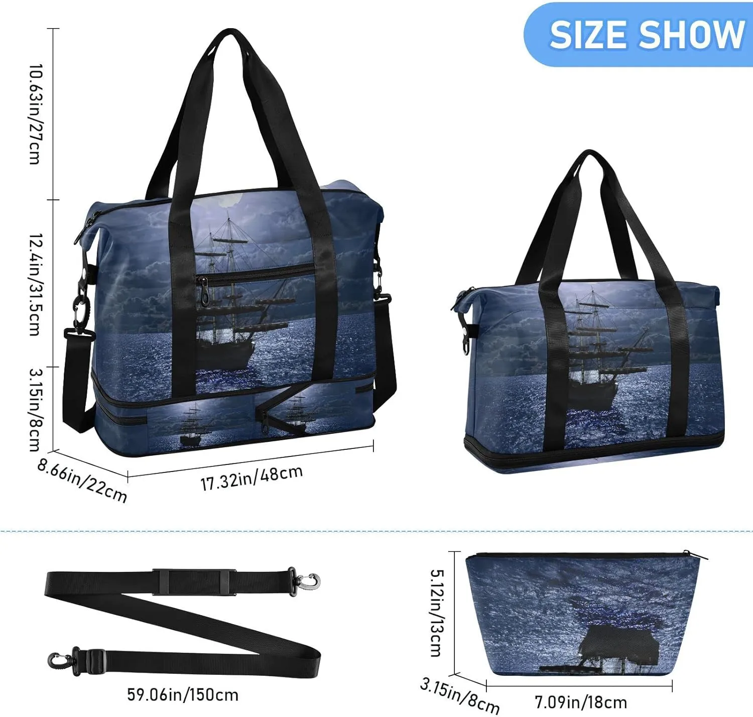 Lonely Sailboat in the Sea Against Full Moon Cloud Dark Blue Gym Duffel Bag, Polyester Travel Weekender Luggage Handbag with Waterproof Pocket for Wet Items, Unisex Foldable Tote for Sports