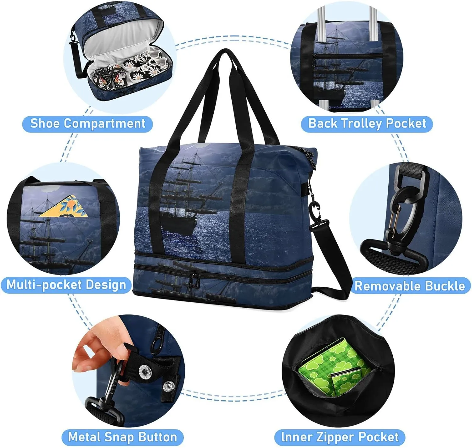 Lonely Sailboat in the Sea Against Full Moon Cloud Dark Blue Gym Duffel Bag, Polyester Travel Weekender Luggage Handbag with Waterproof Pocket for Wet Items, Unisex Foldable Tote for Sports