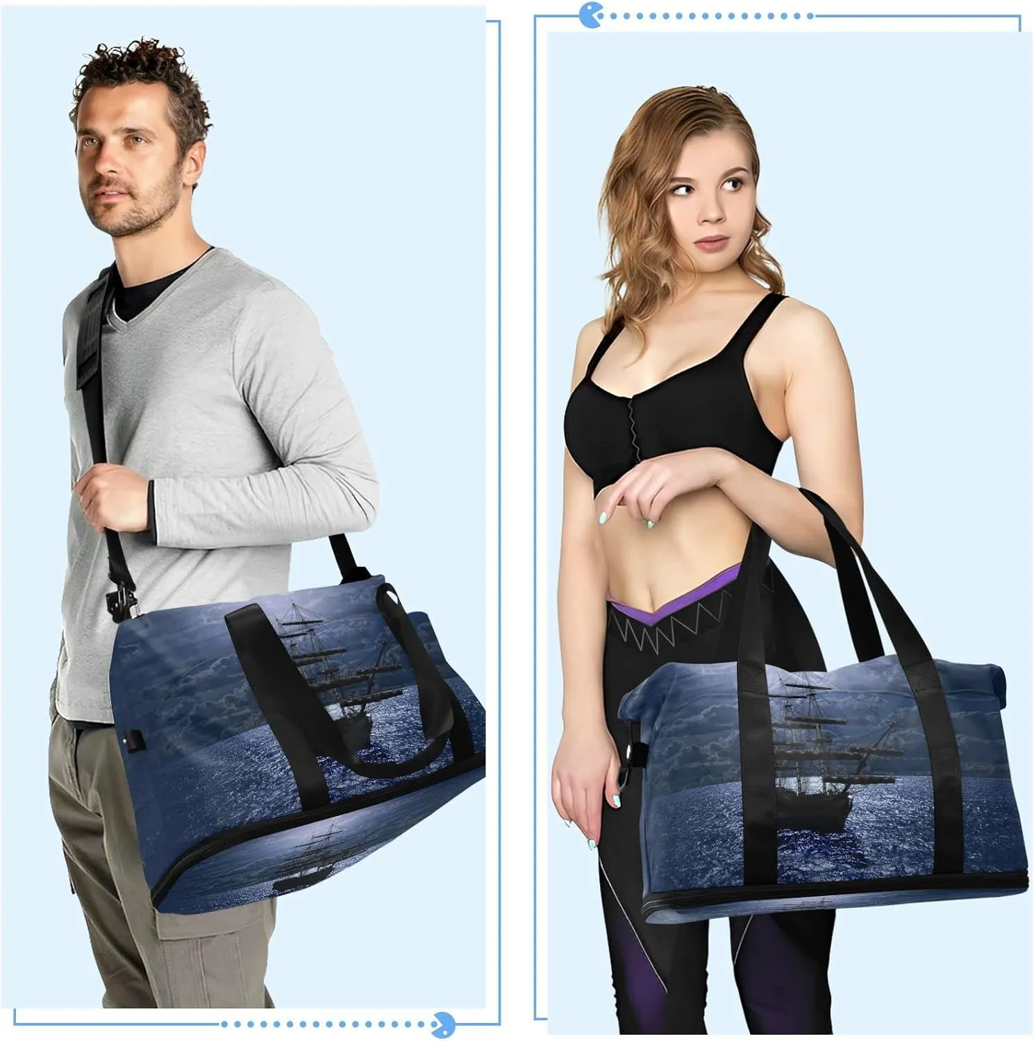Lonely Sailboat in the Sea Against Full Moon Cloud Dark Blue Gym Duffel Bag, Polyester Travel Weekender Luggage Handbag with Waterproof Pocket for Wet Items, Unisex Foldable Tote for Sports