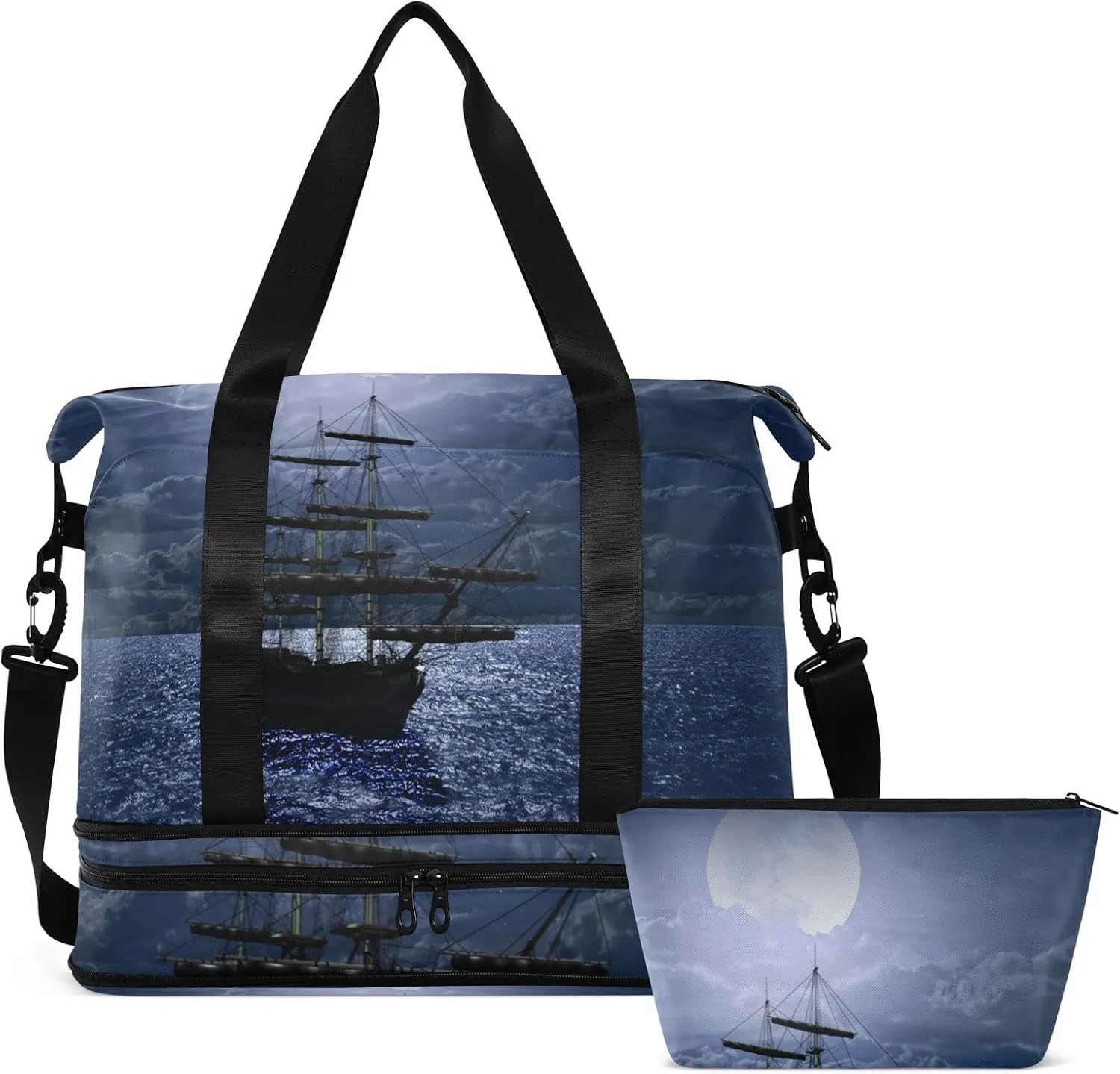 Lonely Sailboat in the Sea Against Full Moon Cloud Dark Blue Gym Duffel Bag, Polyester Travel Weekender Luggage Handbag with Waterproof Pocket for Wet Items, Unisex Foldable Tote for Sports