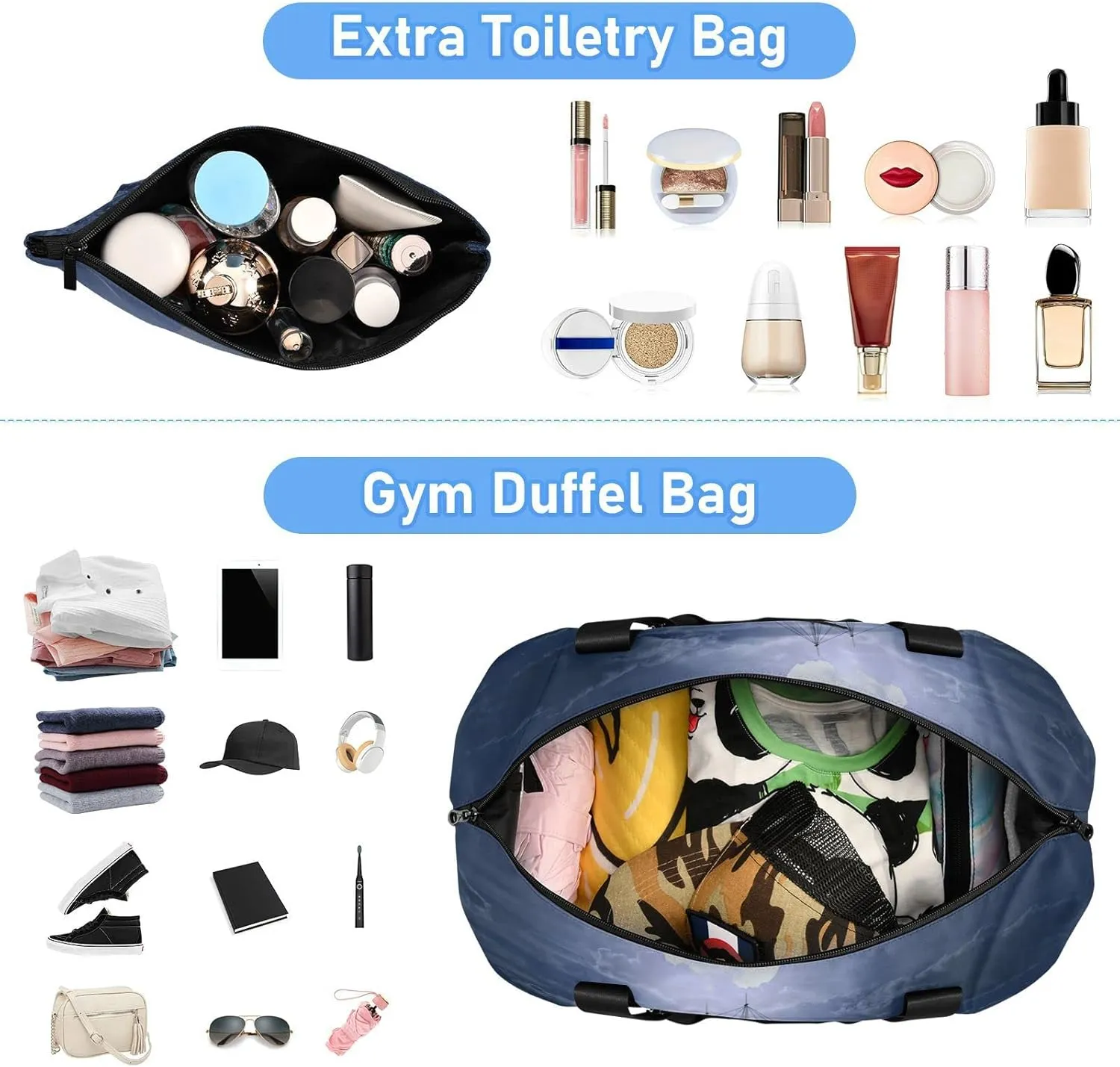 Lonely Sailboat in the Sea Against Full Moon Cloud Dark Blue Gym Duffel Bag, Polyester Travel Weekender Luggage Handbag with Waterproof Pocket for Wet Items, Unisex Foldable Tote for Sports