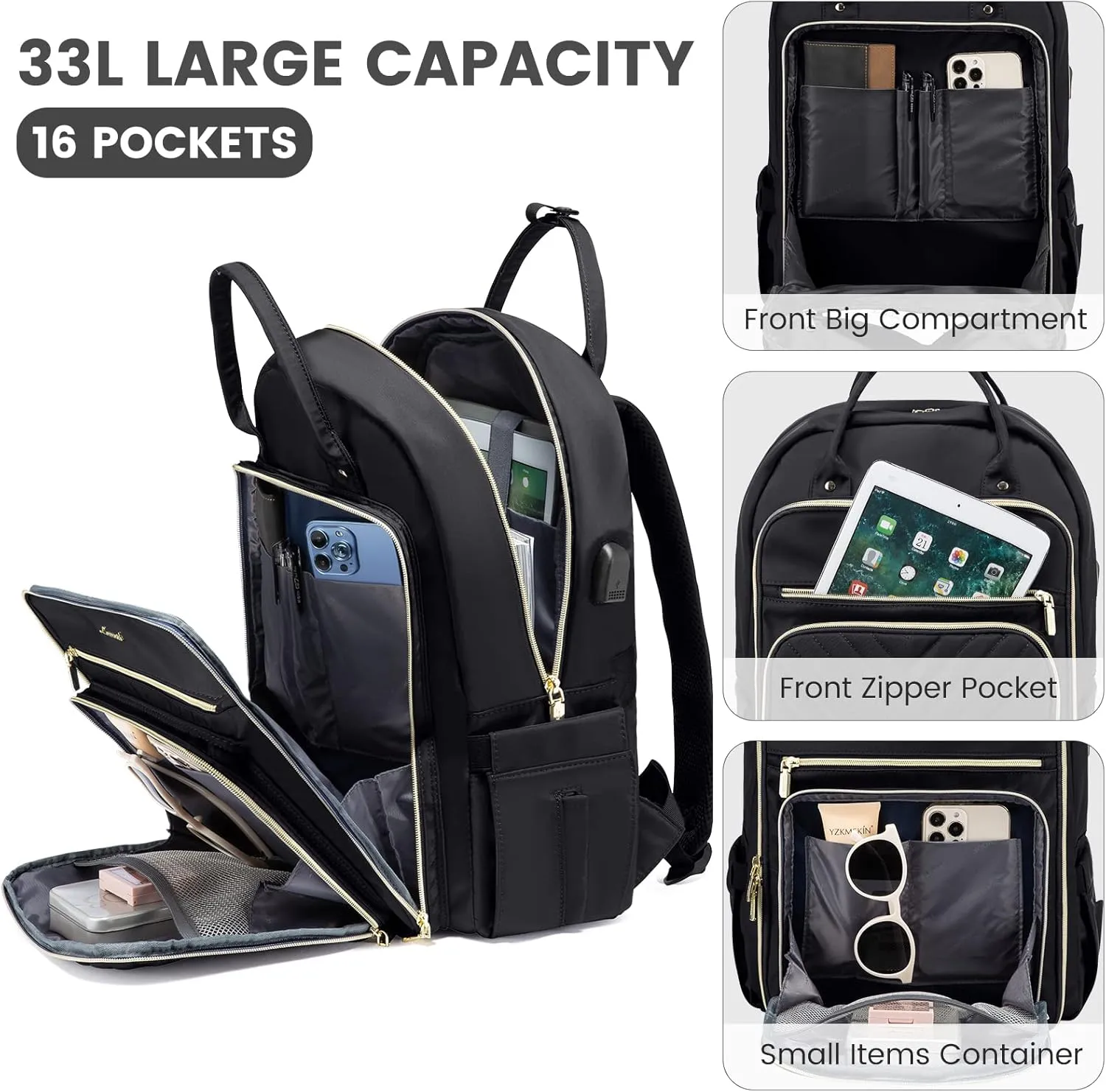 LOVEVOOK Laptop Backpack Women Teacher Backpack,17.3 Inch Laptop Bag with USB Port,Waterproof Daypack for Work Travel,Black