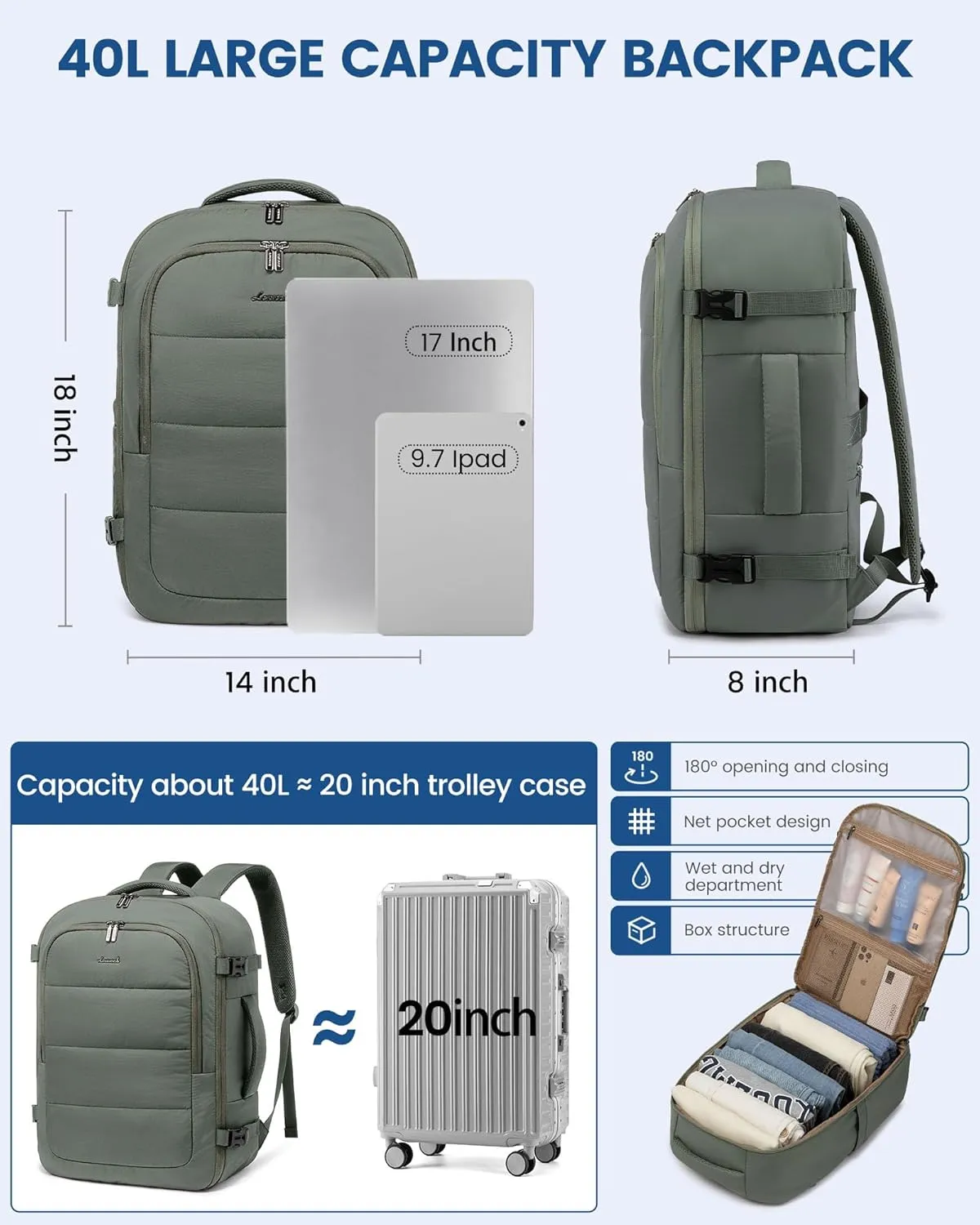 LOVEVOOK Travel Backpack for Women Men, 40L Lightweight Puffy Flight Approved Carry On Backpack Fits 17'' Laptop, TSA Personal Item Travel Bag, Waterproof Weekender Trip Work Luggage Daypack, Green