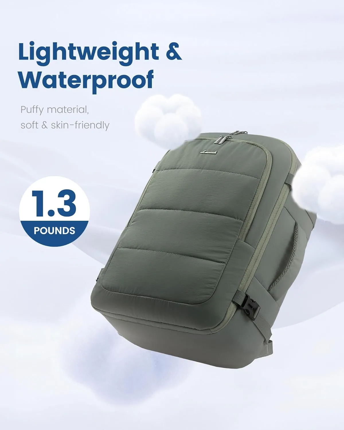 LOVEVOOK Travel Backpack for Women Men, 40L Lightweight Puffy Flight Approved Carry On Backpack Fits 17'' Laptop, TSA Personal Item Travel Bag, Waterproof Weekender Trip Work Luggage Daypack, Green