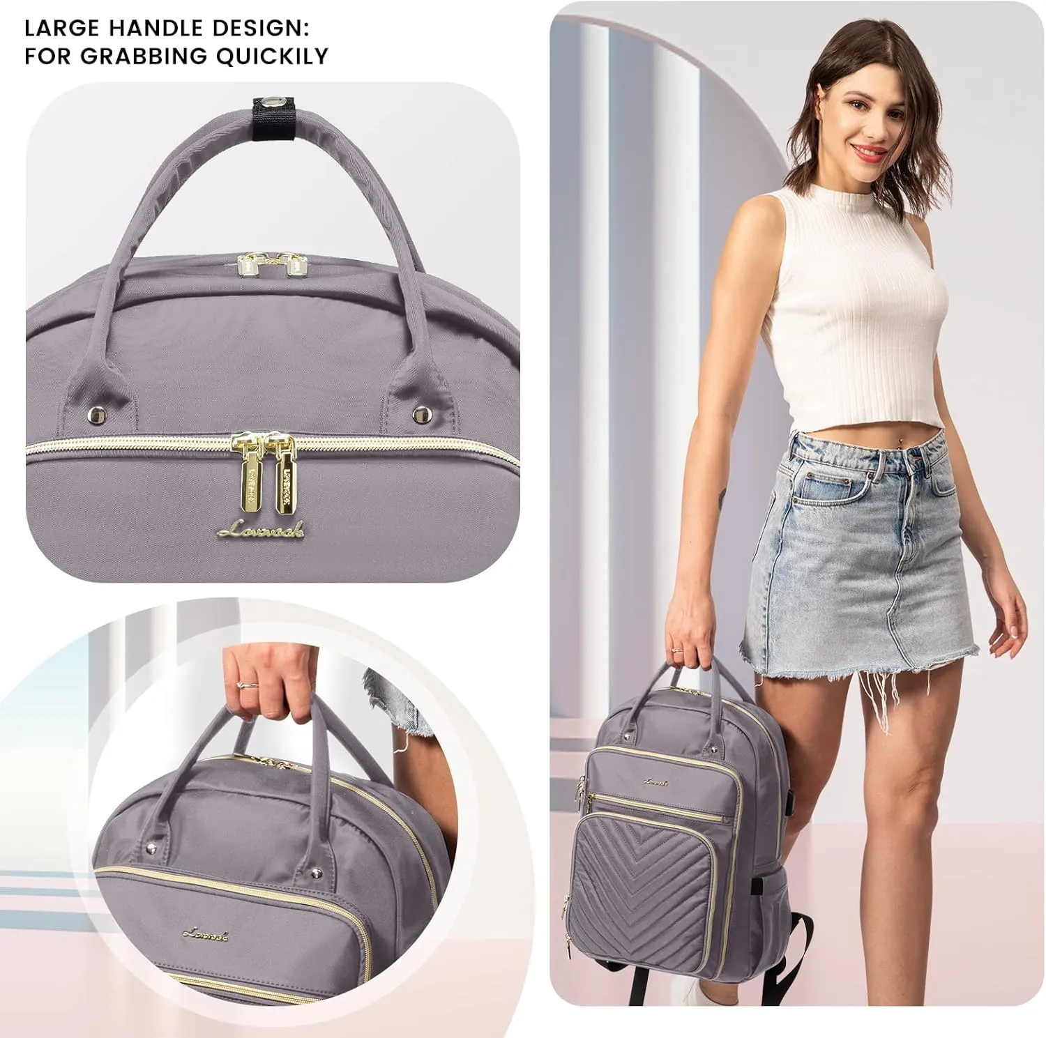 LOVEVOOK Womens Backpack,15.6 Inch Laptop Backpack for Work Travel, Large Capacity Work Backpack for Teacher Nurse, Computer Bag with USB Charging Port.Grey Purple.