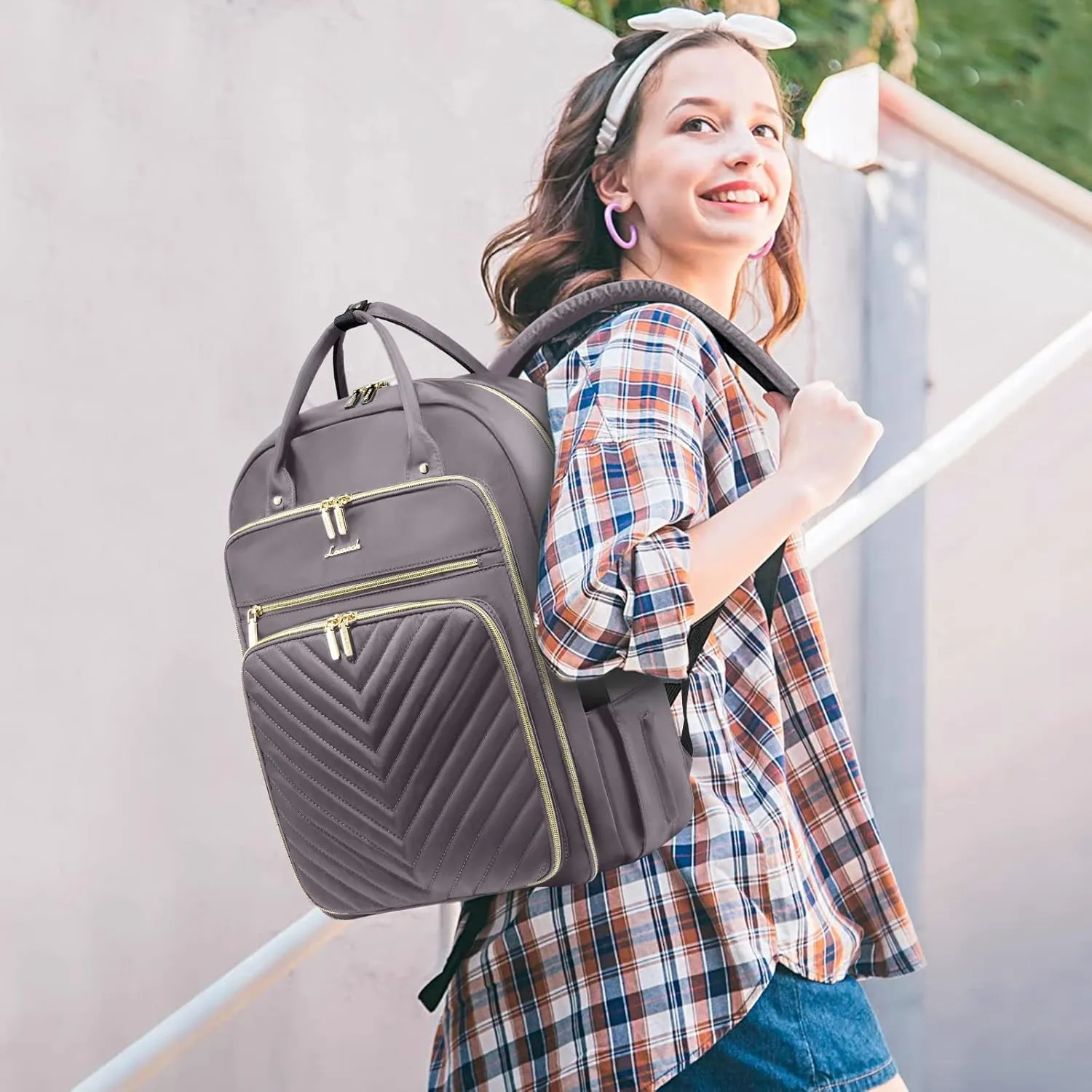 LOVEVOOK Womens Backpack,15.6 Inch Laptop Backpack for Work Travel, Large Capacity Work Backpack for Teacher Nurse, Computer Bag with USB Charging Port.Grey Purple.