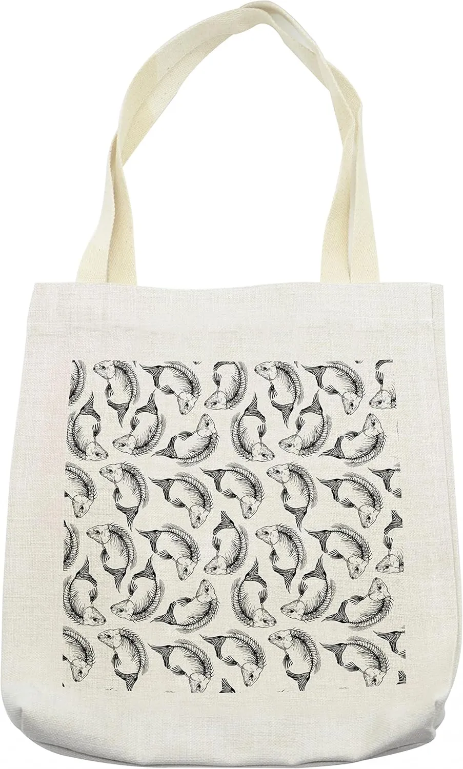 Lunarable Skull Tote Bag, Dead Themed Fish and Bones Pattern Marine Creatures Fin Gills Sketchy Print, Cloth Linen Reusable Bag for Shopping Books Beach and More, 16.5" X 14", Cream