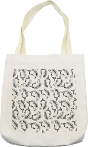 Lunarable Skull Tote Bag, Dead Themed Fish and Bones Pattern Marine Creatures Fin Gills Sketchy Print, Cloth Linen Reusable Bag for Shopping Books Beach and More, 16.5" X 14", Cream