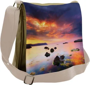 Lunarable Sky Messenger Bag, Dark Clouds Sunset Rocky Shore, Unisex Cross-body