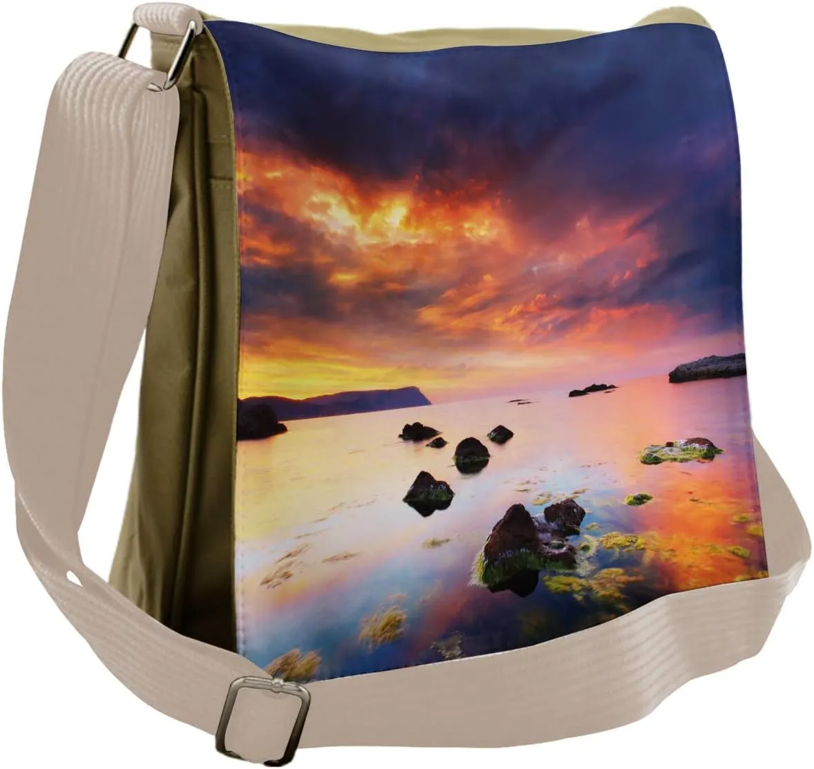 Lunarable Sky Messenger Bag, Dark Clouds Sunset Rocky Shore, Unisex Cross-body