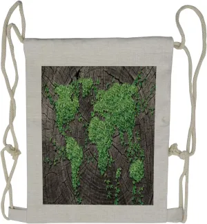 Lunarable World Map Drawstring Backpack, Map on Tree Trunk Leaves, Sackpack Bag