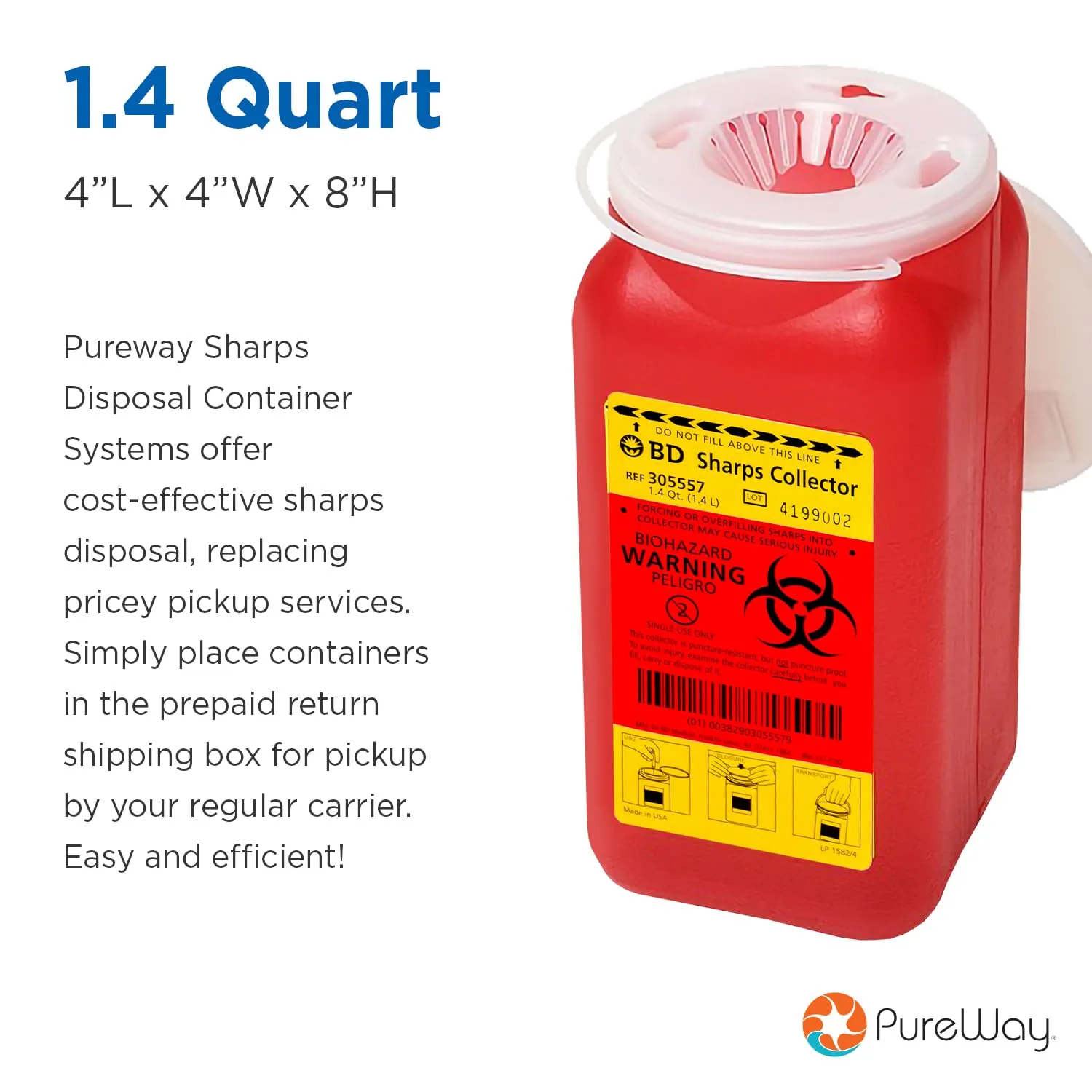 MailBack 1.4 Quart PureWay Sharps Container Disposal System - [PrePaid Return Label Included] for Home, Travel, Professional, and Personal Use