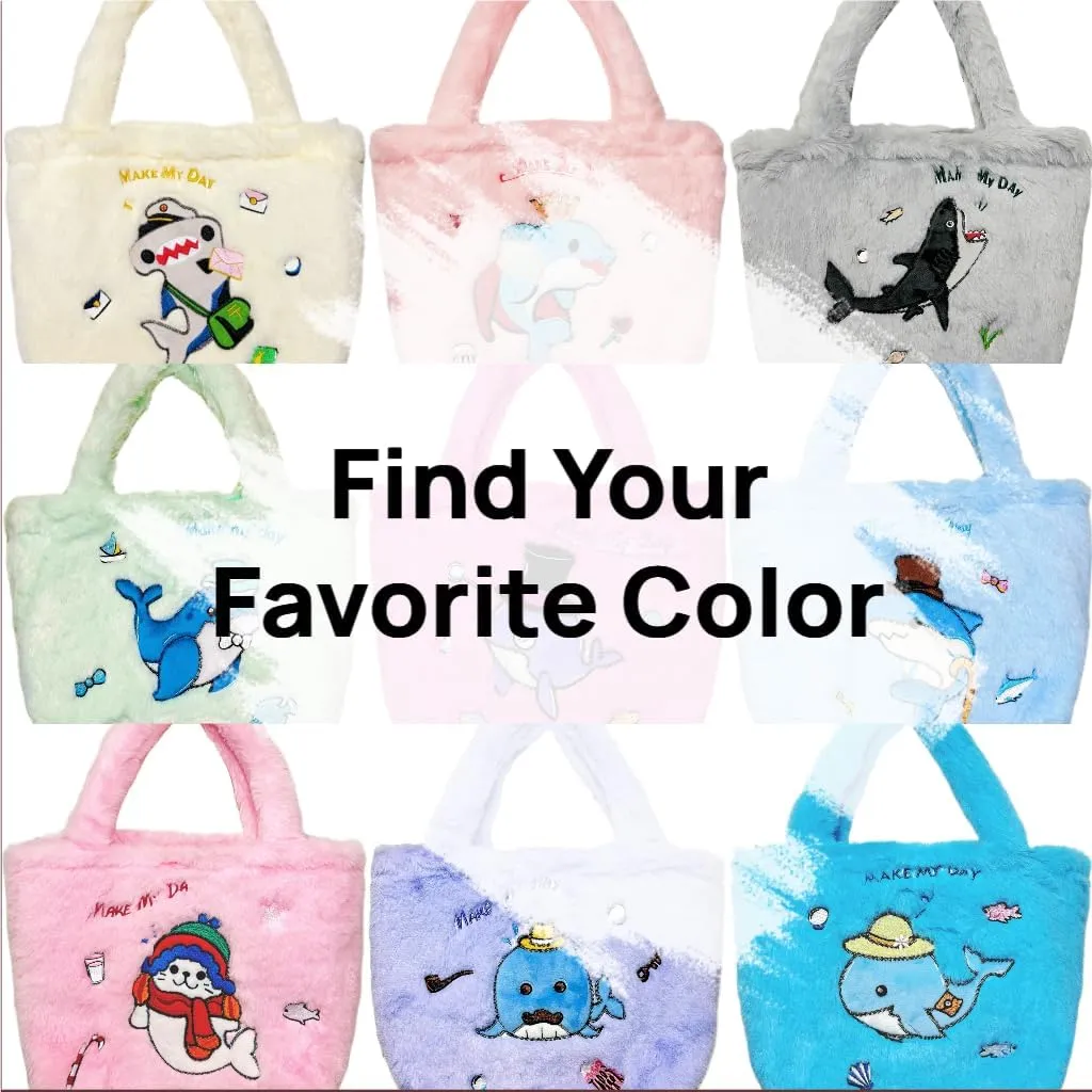 make my day Kawaii Marine Plush Tote Bag for Girls - Snap-Closure Bag Fits iPad/Switch, Soft Ocean-Themed Animal Handbag