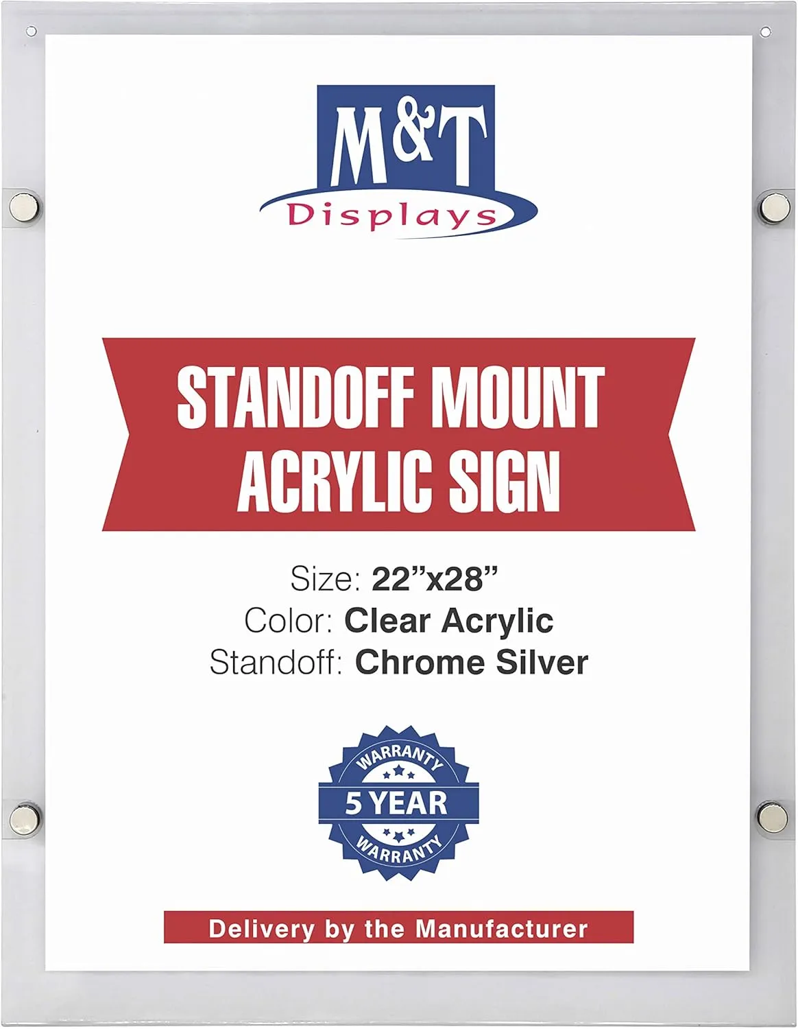 M&T Displays Wall Mount Floating Clear Acrylic Frameless Picture Frame with Chrome Silver Standoff Hardware and Magnets for 22x28 inch Sign Poster Photo Document Certificate Diploma or Display
