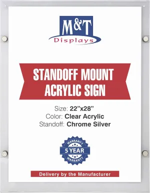 M&T Displays Wall Mount Floating Clear Acrylic Frameless Picture Frame with Chrome Silver Standoff Hardware and Magnets for 22x28 inch Sign Poster Photo Document Certificate Diploma or Display