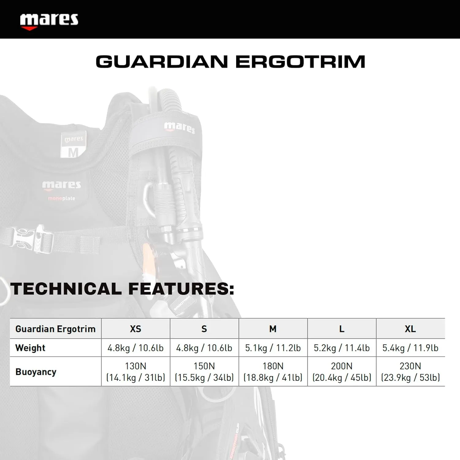 Mares Men's Guardian ErgoTrim Scuba Diving BCD with SLS Weight System - Versatile Buoyancy Compensator with Traditional/Airtrim Inflation