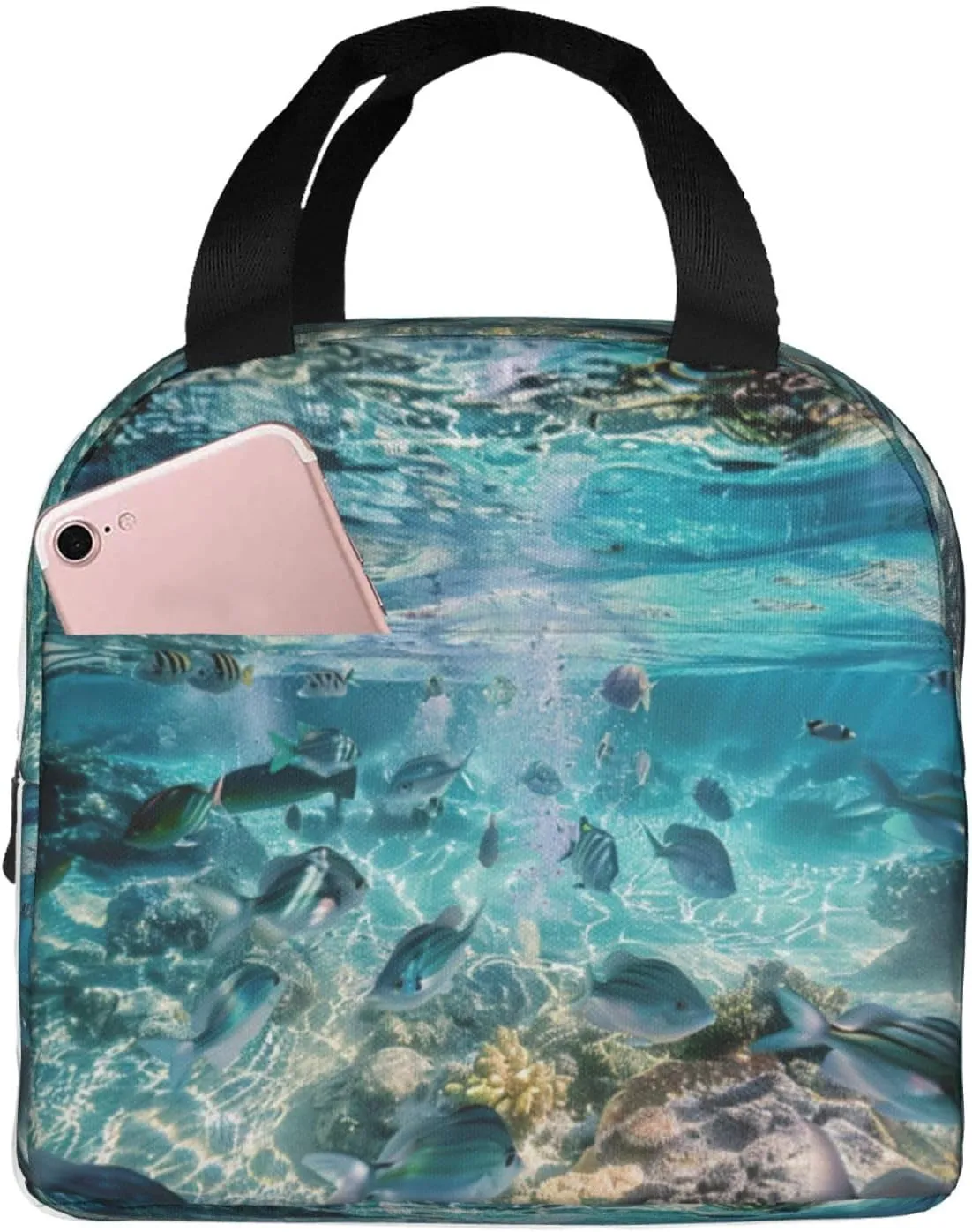 Marine Life print Lunch Bag, Food Handbags Case, Leakproof Insulated, for Work/Picnic/Beach/Travel