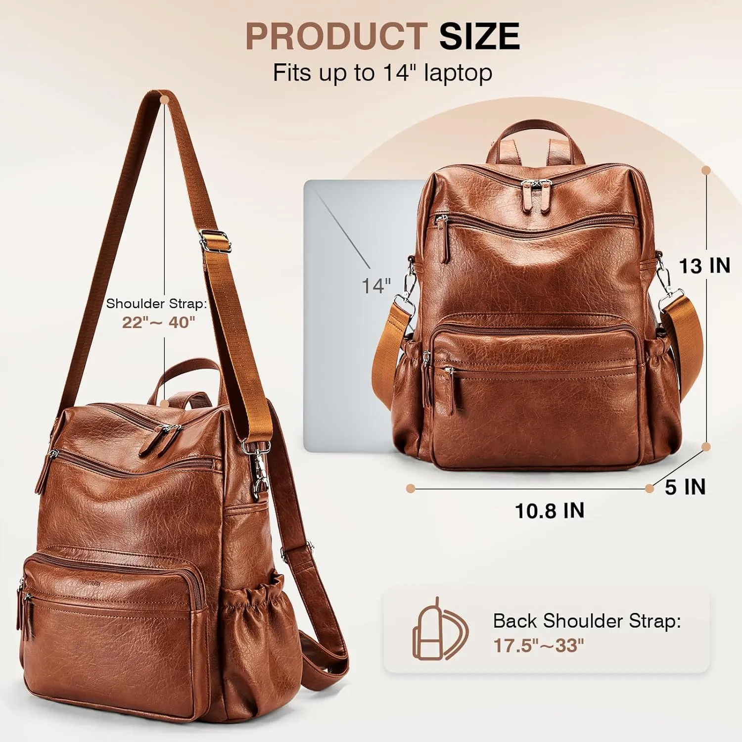 Marvolia PU Leather Backpack Purse for Women Large Fashion Designer Travel Backpack Ladies Shoulder Bag - Brown