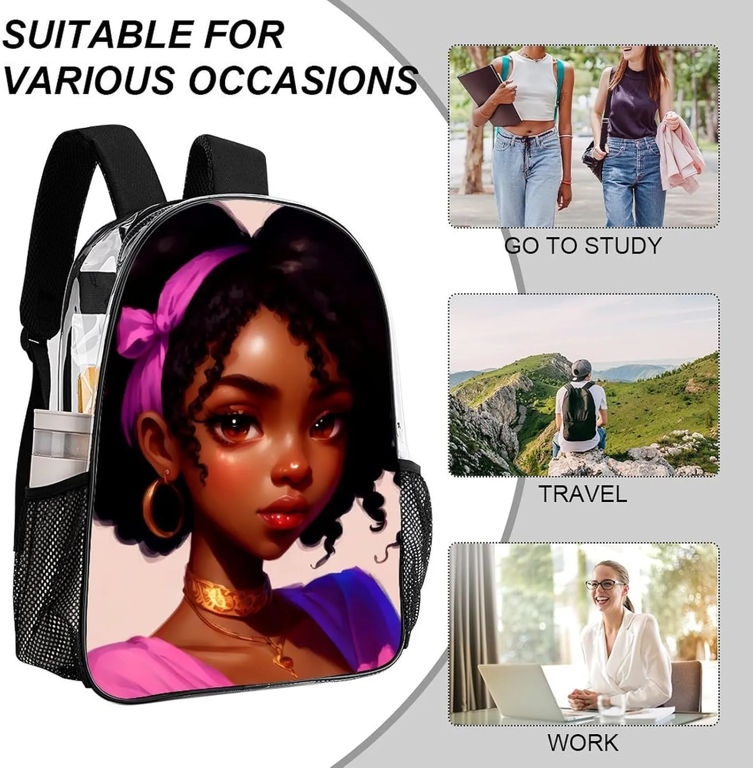 Men Women Lightweight African American Women Black Womens Ethnic Art Daypack Bookbag Big Capacity Carry On Bag Transparent Bag for Camping Travel Bicycle