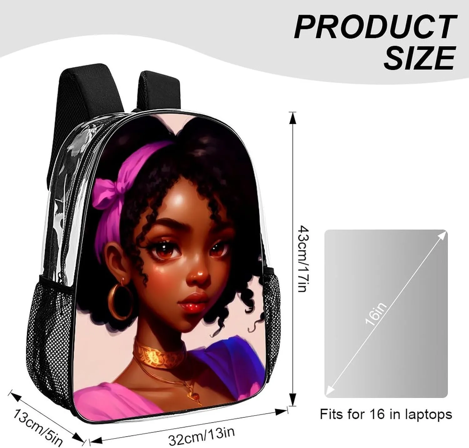 Men Women Lightweight African American Women Black Womens Ethnic Art Daypack Bookbag Big Capacity Carry On Bag Transparent Bag for Camping Travel Bicycle