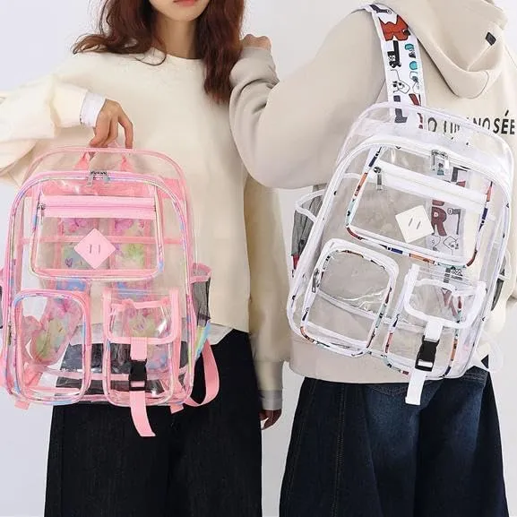 Men's and Women's Transparent Backpack with Large Capacity Graffiti Pattern PVC Material Backpack, Suitable for Daily Use and Travel Use,Pink Butterfly