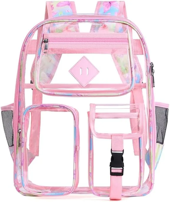 Men's and Women's Transparent Backpack with Large Capacity Graffiti Pattern PVC Material Backpack, Suitable for Daily Use and Travel Use,Pink Butterfly