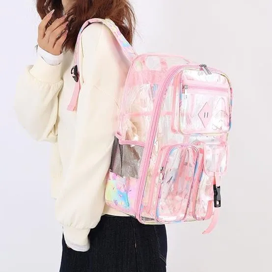 Men's and Women's Transparent Backpack with Large Capacity Graffiti Pattern PVC Material Backpack, Suitable for Daily Use and Travel Use,Pink Butterfly