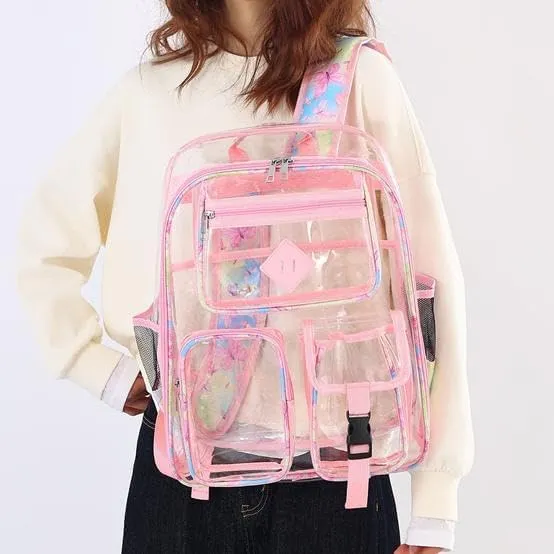 Men's and Women's Transparent Backpack with Large Capacity Graffiti Pattern PVC Material Backpack, Suitable for Daily Use and Travel Use,Pink Butterfly