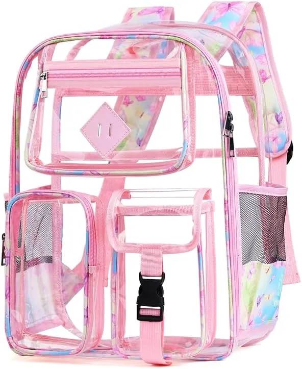 Men's and Women's Transparent Backpack with Large Capacity Graffiti Pattern PVC Material Backpack, Suitable for Daily Use and Travel Use,Pink Butterfly