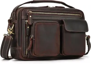 Men's Dark Brown Leather Messenger Bag, 11.8 x 4.7 x 8.3 inches, Utility Style, Solid Pattern, Zipper Closure, Top Handle & Shoulder Strap, Adults