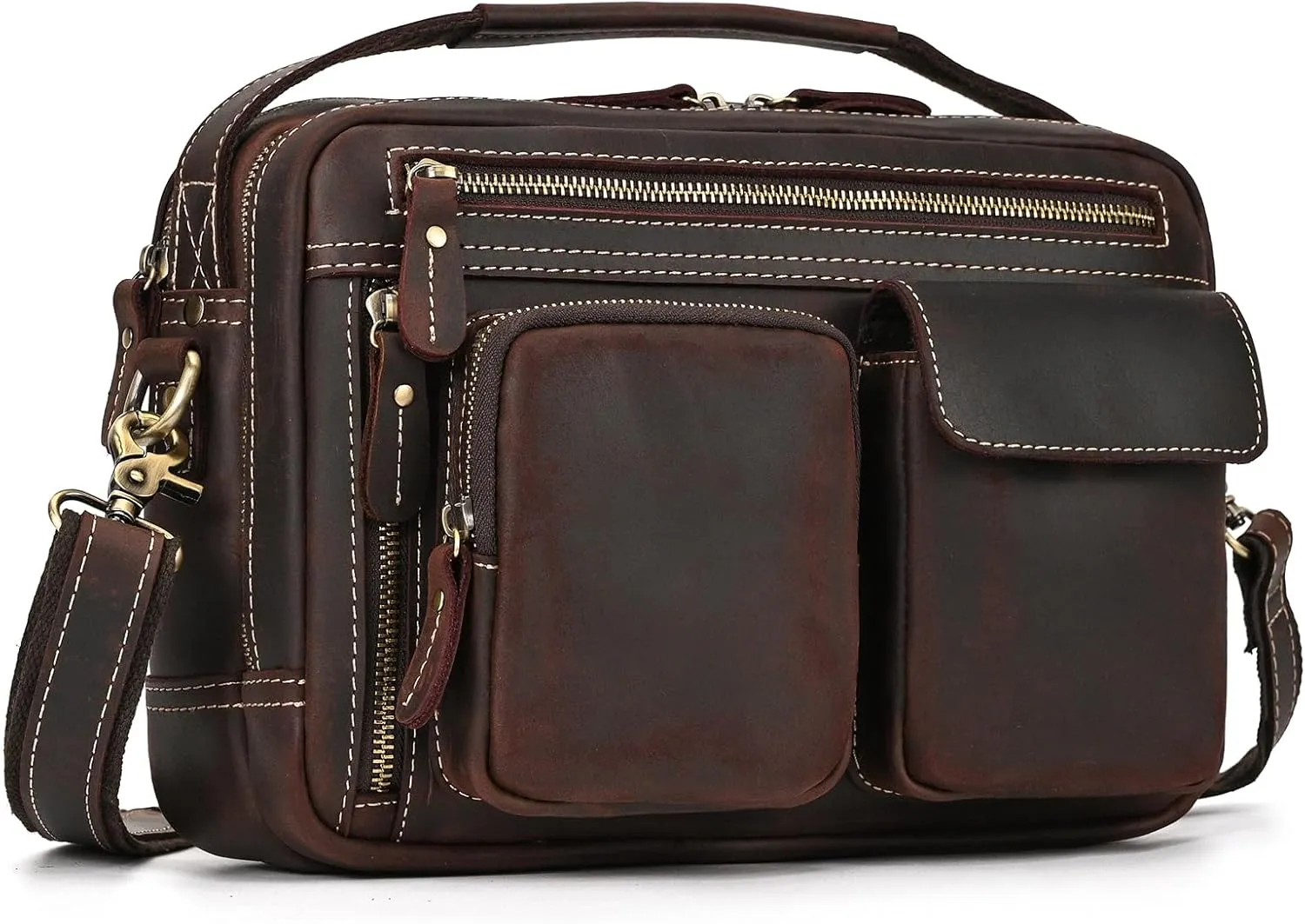 Men's Dark Brown Leather Messenger Bag, 11.8 x 4.7 x 8.3 inches, Utility Style, Solid Pattern, Zipper Closure, Top Handle & Shoulder Strap, Adults