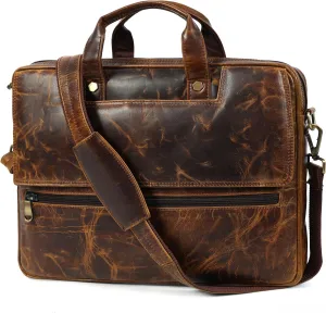 Mens Laptop Bag | 16 Inch Leather Briefcase Vintage Messenger Bag | 3 Zipper Pockets | 2 Spacious inner Compartments | 1 Flap Pocket | With Ajustable Straps And Metal Grip | (Dark Brown)