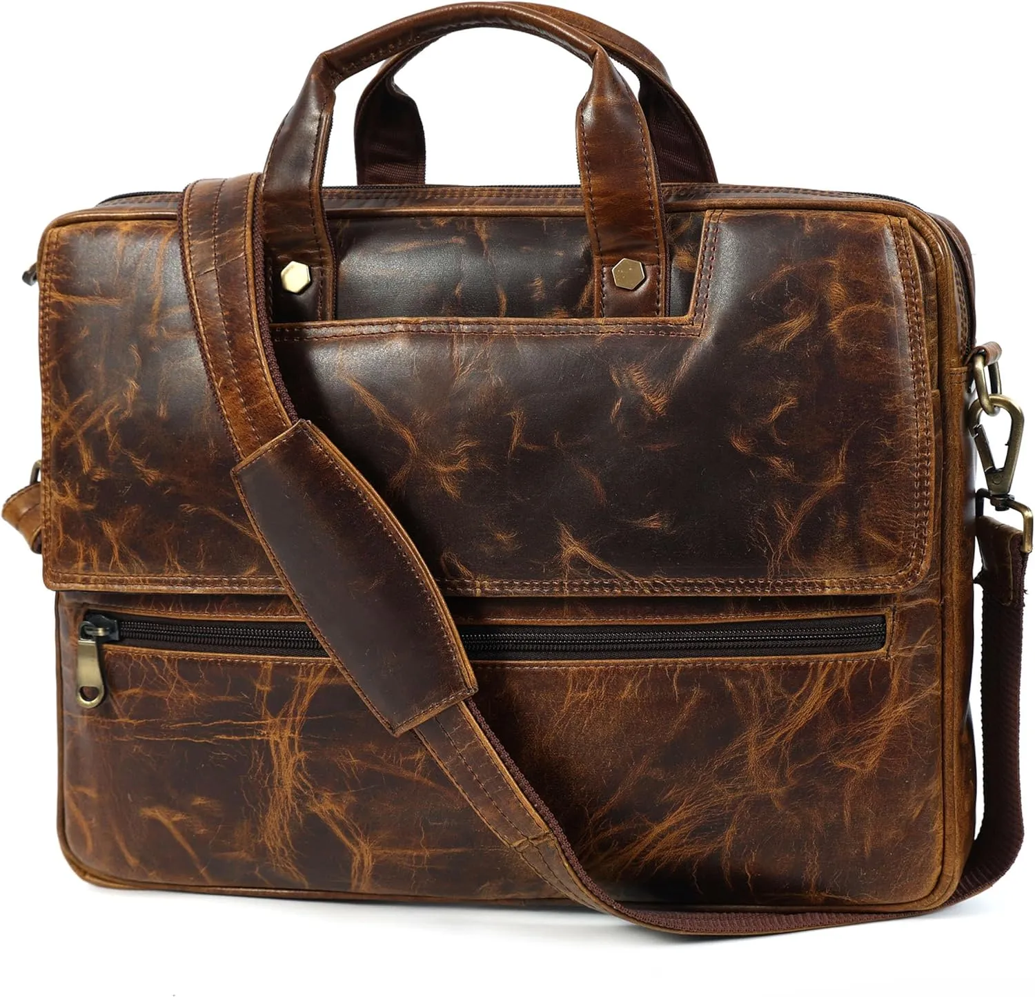 Mens Laptop Bag | 16 Inch Leather Briefcase Vintage Messenger Bag | 3 Zipper Pockets | 2 Spacious inner Compartments | 1 Flap Pocket | With Ajustable Straps And Metal Grip | (Dark Brown)