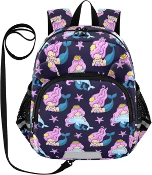 Mermaid Dolphins Preschool Backpack Dark Blue Daycare Bookbag School Backpack with Traction Rope for Kids 3-6