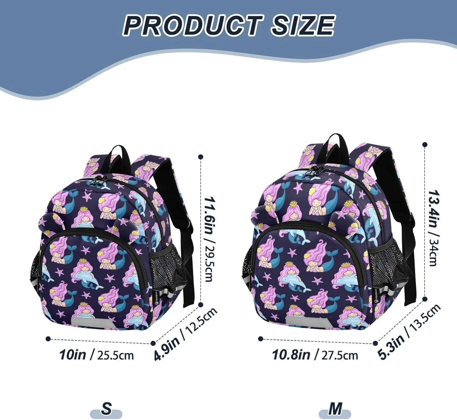 Mermaid Dolphins Preschool Backpack Dark Blue Daycare Bookbag School Backpack with Traction Rope for Kids 3-6