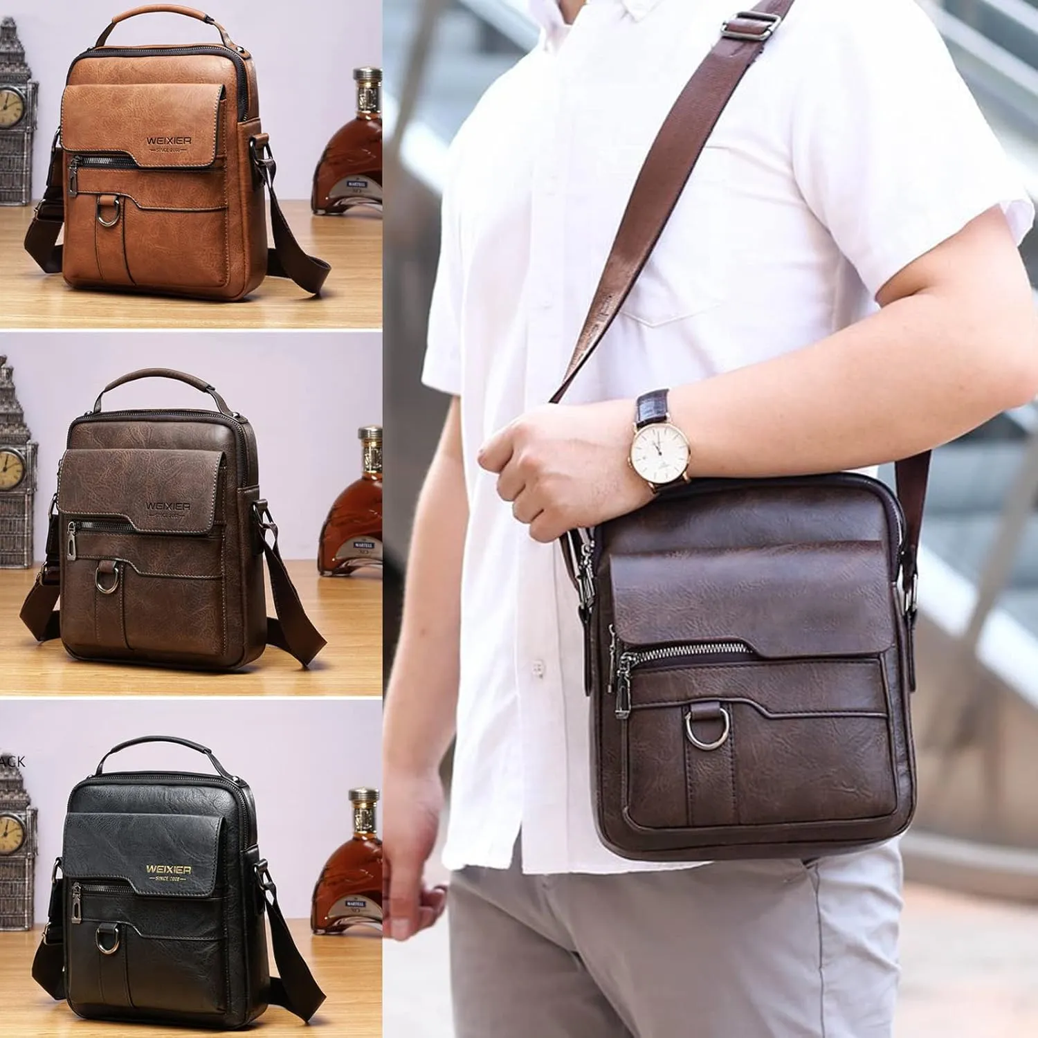 Messenger Bag for Men, PU Leather Crossbody Shoulder Bags Travel Bag Man Purse Casual Sling Pack Personality Briefcase