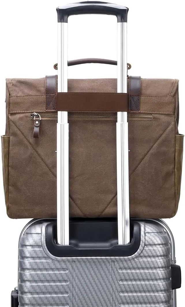 Messenger Bag for Men, Waterproof Genuine Leather Waxed Canvas Briefcase 15.6 Inch Laptop Larger Shoulder Bag with Key Bag