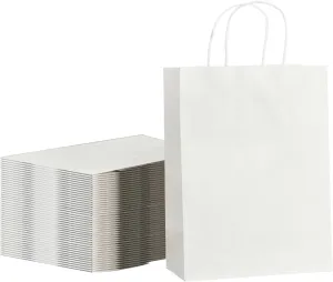 METAPRINT 100 Pack Small Paper Gift Bags 5.8x3.2x8.25 Inch White Paper Bags with Handles, Kraft Bags for Birthday Party Favors Grocery Retail Shopping Business Goody Craft Bags (White 100 Count)