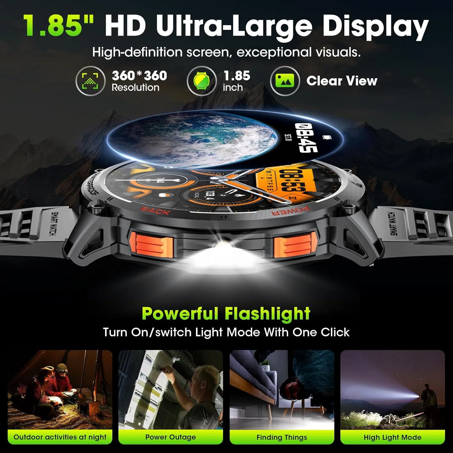 Military Smart Watches for Men, 1.85" HD Large Screen Smart Watch, Flashlight/730mAh/110  Sports Modes Fitness Tracker Watch, Waterproof Mens Smart Watch for Android Phones iPhone Compatible