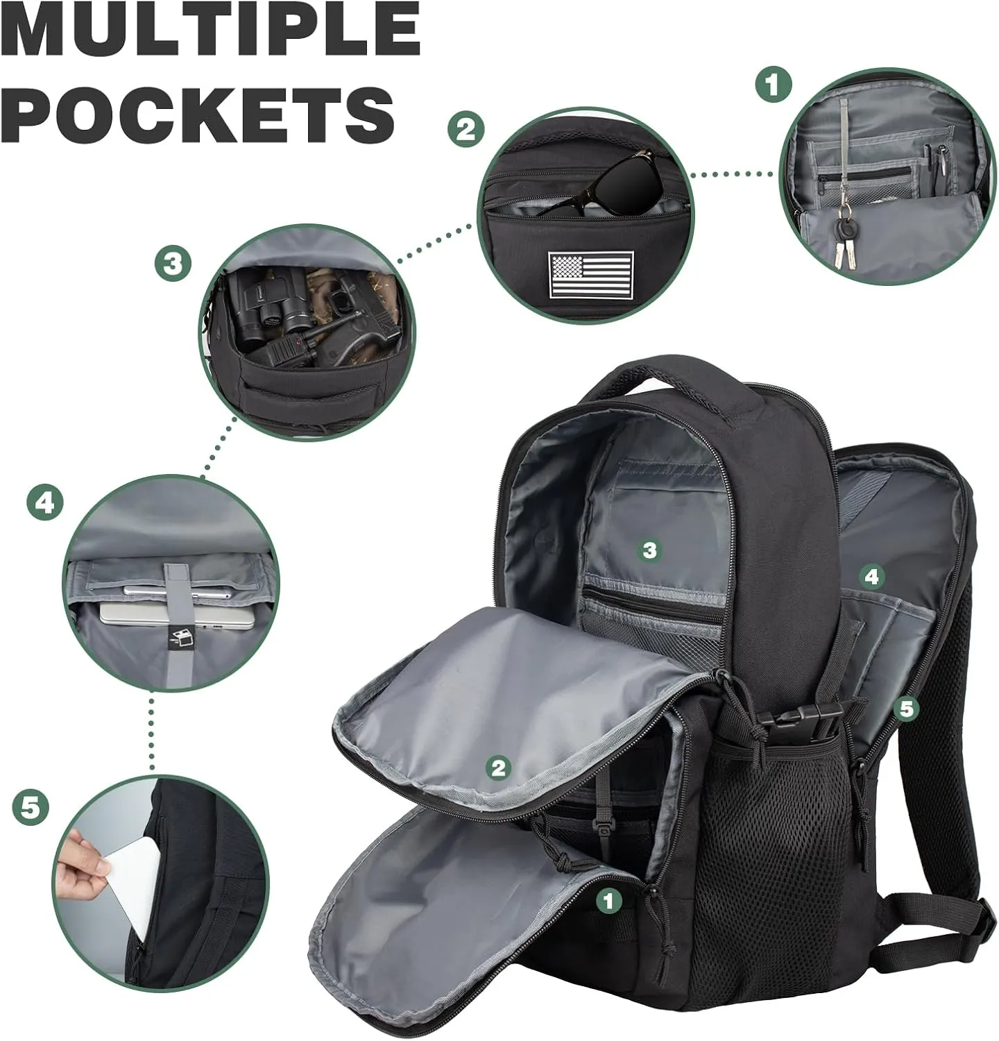 Military Tactical Backpack for Travel Hiking,Black Backpack for Men with Bottle Holder, 30L Small Laptop Backpack for Work, Men's Assault Bag Back Pack
