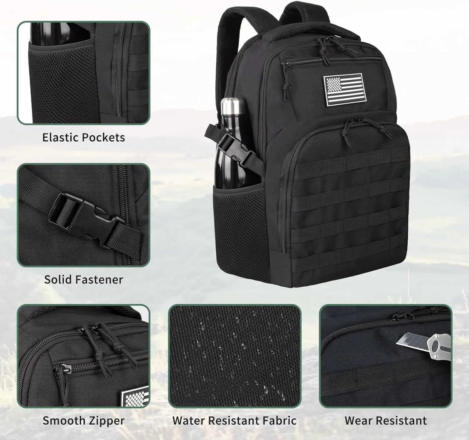 Military Tactical Backpack for Travel Hiking,Black Backpack for Men with Bottle Holder, 30L Small Laptop Backpack for Work, Men's Assault Bag Back Pack