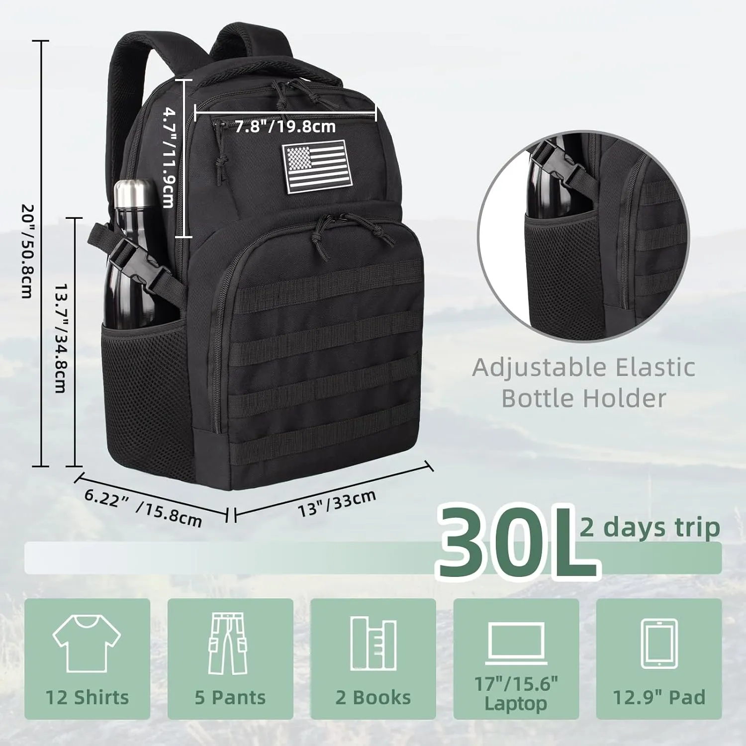 Military Tactical Backpack for Travel Hiking,Black Backpack for Men with Bottle Holder, 30L Small Laptop Backpack for Work, Men's Assault Bag Back Pack
