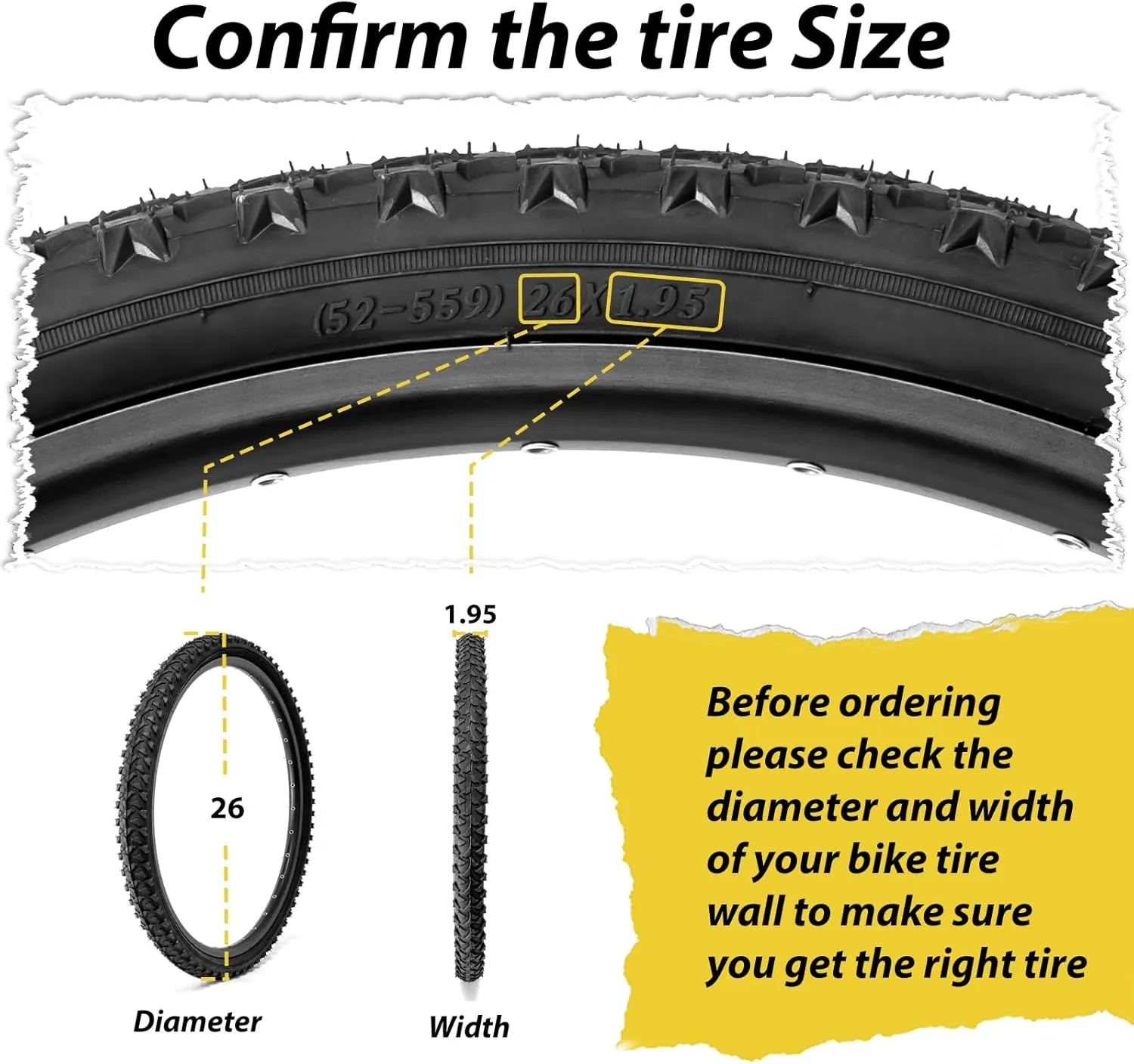 MOHEGIA Mountain Bike Replacement Tire : 26x1.95 inch (52-559mm) Puncture-Resistant Folding Bicycle Tire for MTB Dirt Offroad Cycling