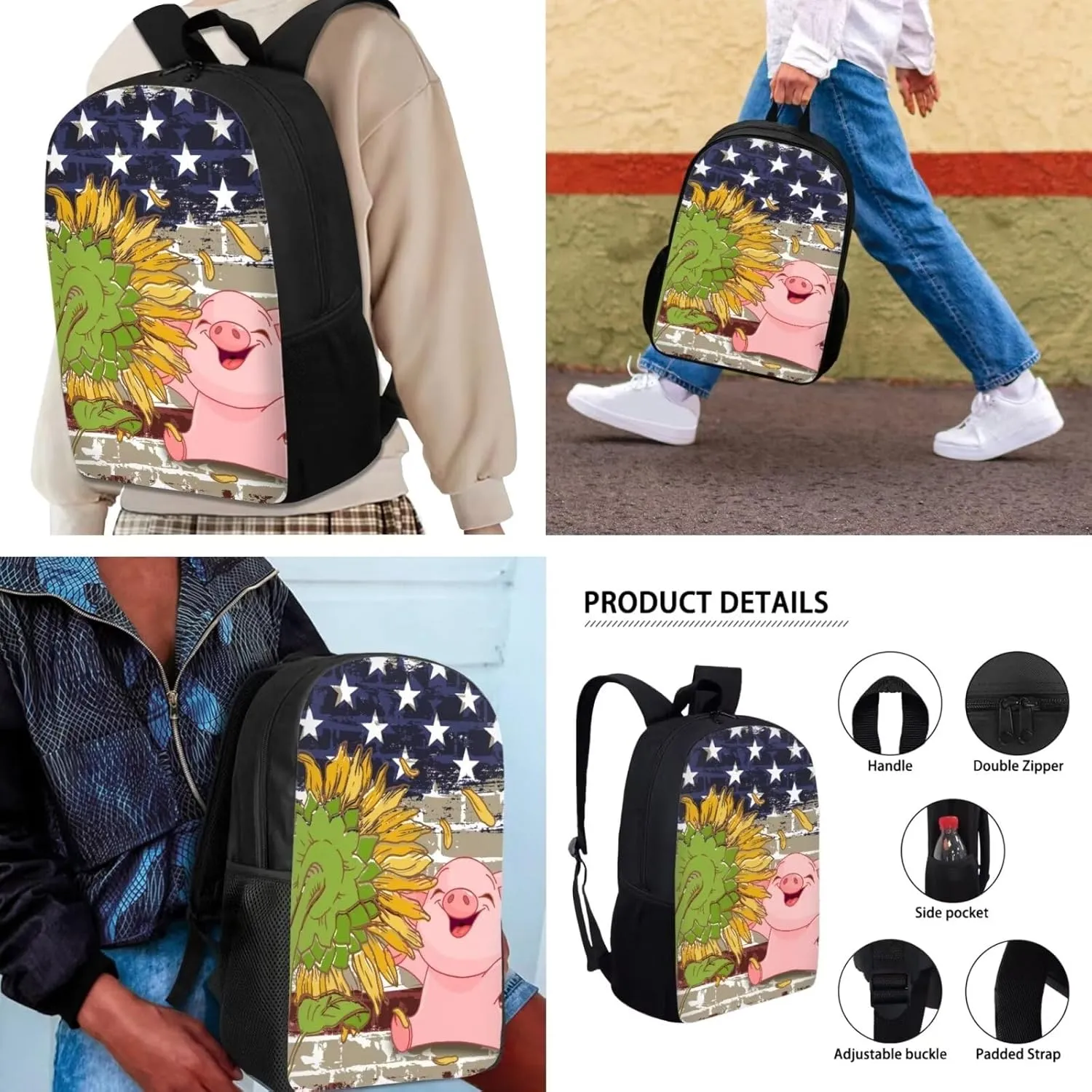 Mumeson Cartoon Pig Sunflower Backpack Bookbag Set Back to School Supplies 3 Pieces Set 17 Inch Kids Backpack 17 Inch School Backpack with Insulated Lunch Bag Pencil Bag 3 Pack Set