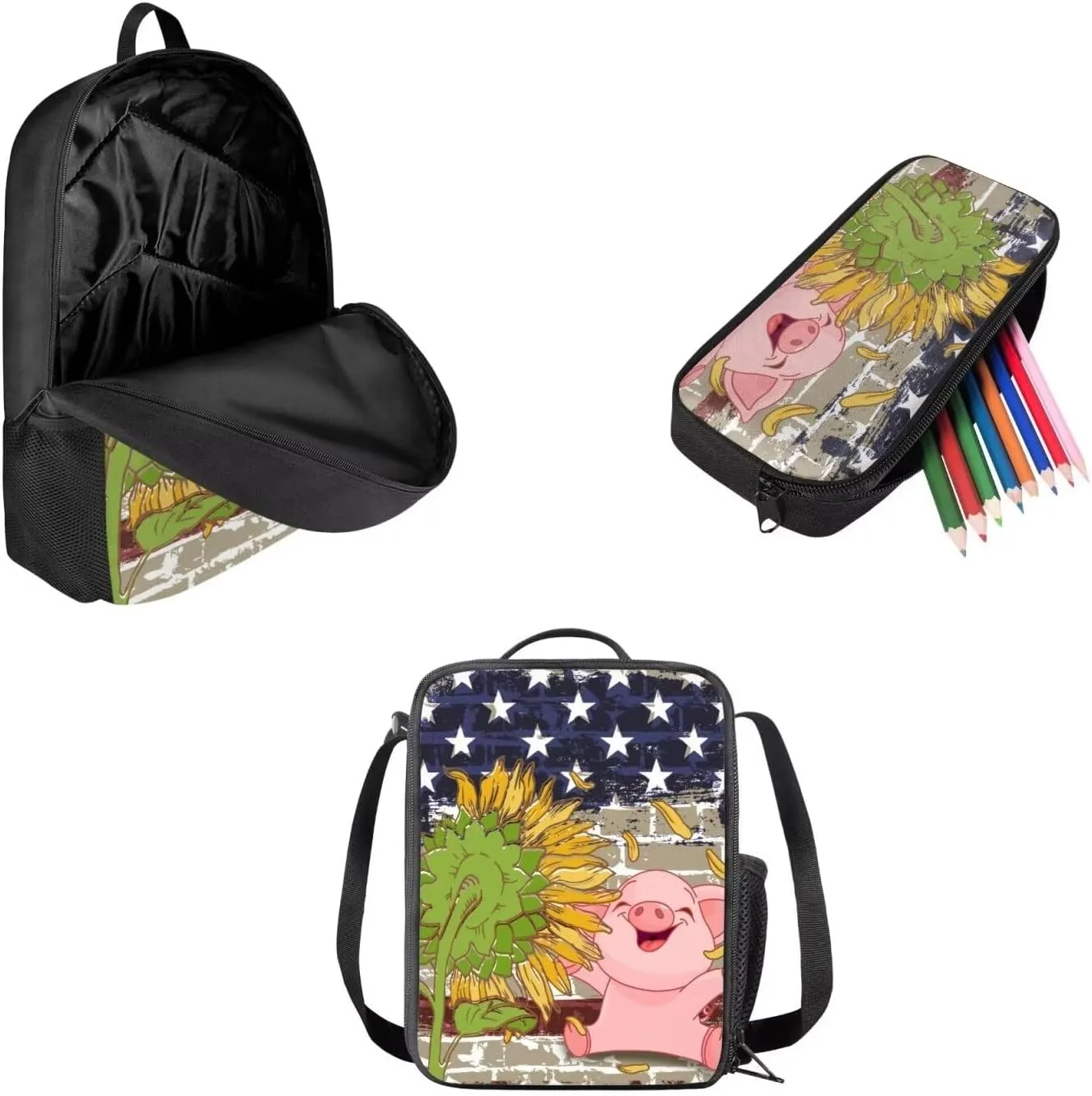 Mumeson Cartoon Pig Sunflower Backpack Bookbag Set Back to School Supplies 3 Pieces Set 17 Inch Kids Backpack 17 Inch School Backpack with Insulated Lunch Bag Pencil Bag 3 Pack Set
