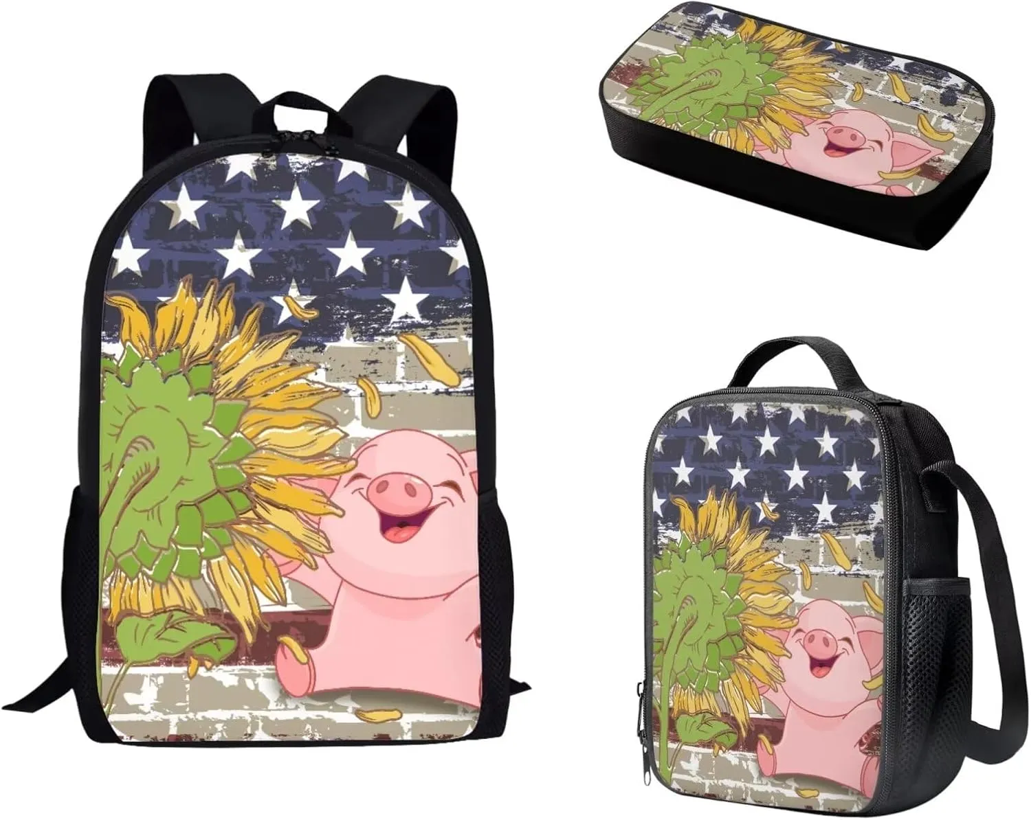 Mumeson Cartoon Pig Sunflower Backpack Bookbag Set Back to School Supplies 3 Pieces Set 17 Inch Kids Backpack 17 Inch School Backpack with Insulated Lunch Bag Pencil Bag 3 Pack Set