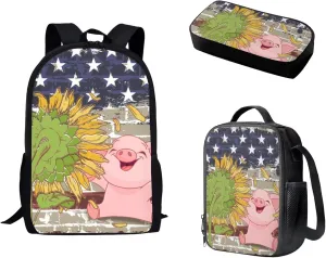 Mumeson Cartoon Pig Sunflower Backpack Bookbag Set Back to School Supplies 3 Pieces Set 17 Inch Kids Backpack 17 Inch School Backpack with Insulated Lunch Bag Pencil Bag 3 Pack Set